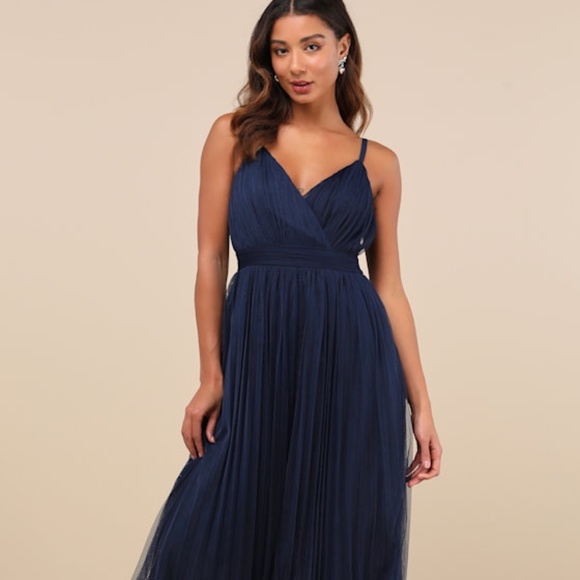 Lulus Exemplary Aura Navy Tulle Surplice Midi Dress Blue - Size M - Picture 1 of 1